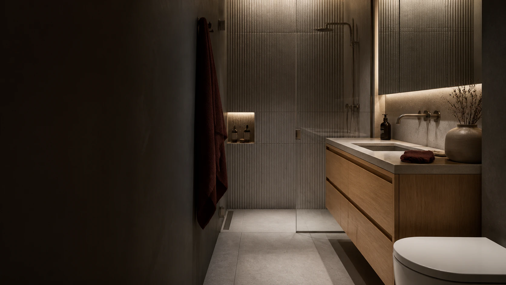 Architectural concept study of a compact bathroom with oak cabinetry, ribbed stone and a frameless shower