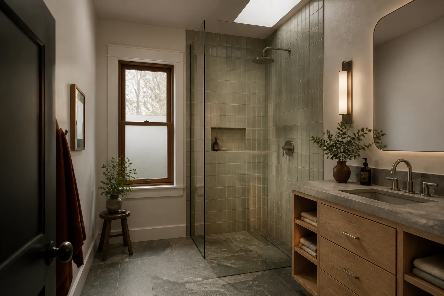 Resolved character-home bathroom concept with tailored oak storage and a curbless shower