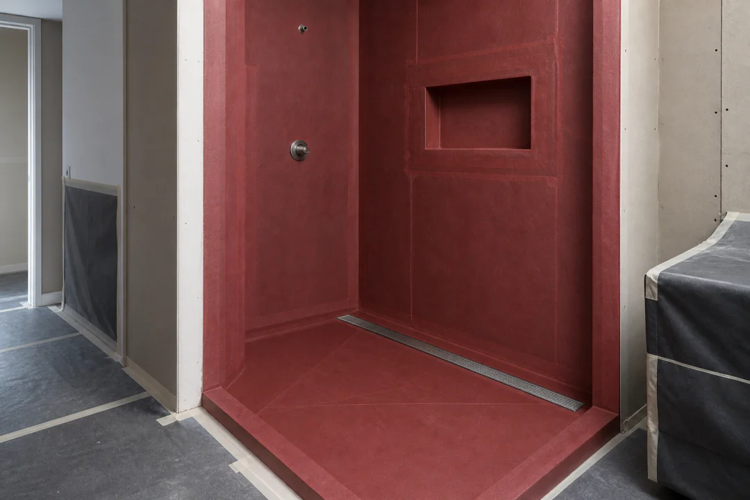 Shower moisture assembly with a deep red membrane, sealed niche and linear drain