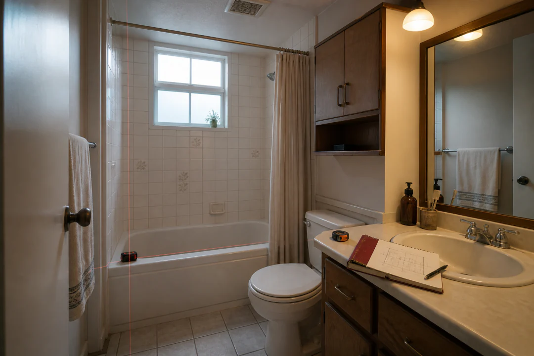 Existing compact bathroom documented with measured lines and a room sketch