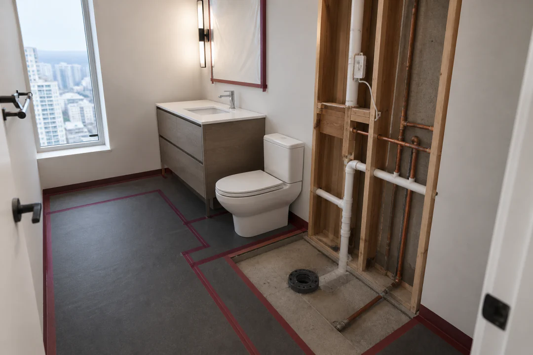 Compact bathroom service wall showing protected floor and carefully exposed plumbing routes